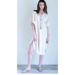 MIRTH Bali Long Caftan Dress Ivory‎ M L  Boho Vacation Hippie Resort Eco Quiet